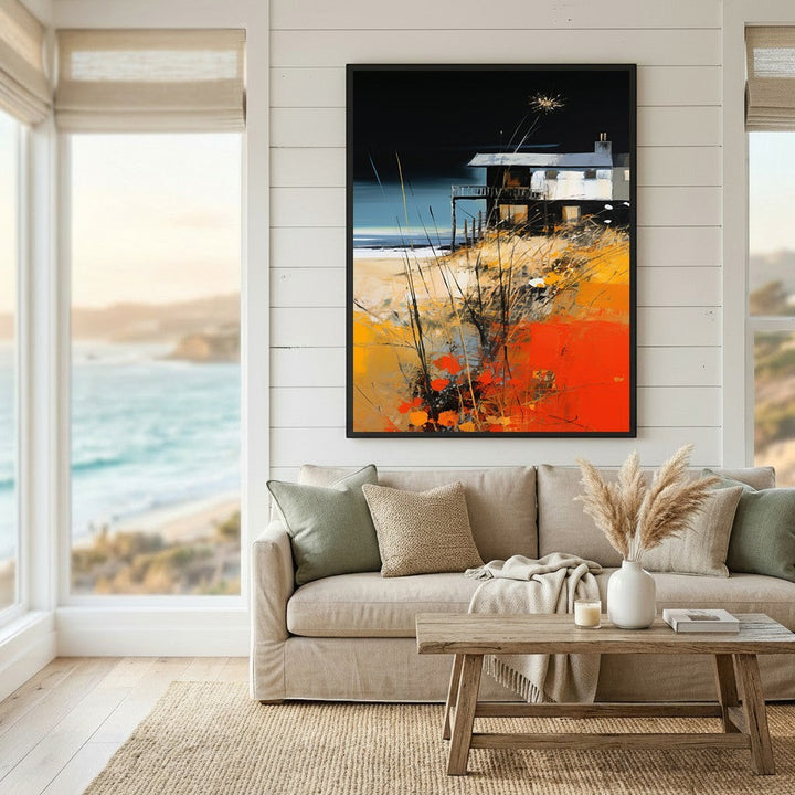 Wadi Home coastal landscape abstract wall art featuring a beach house with orange and black tones in a modern living room