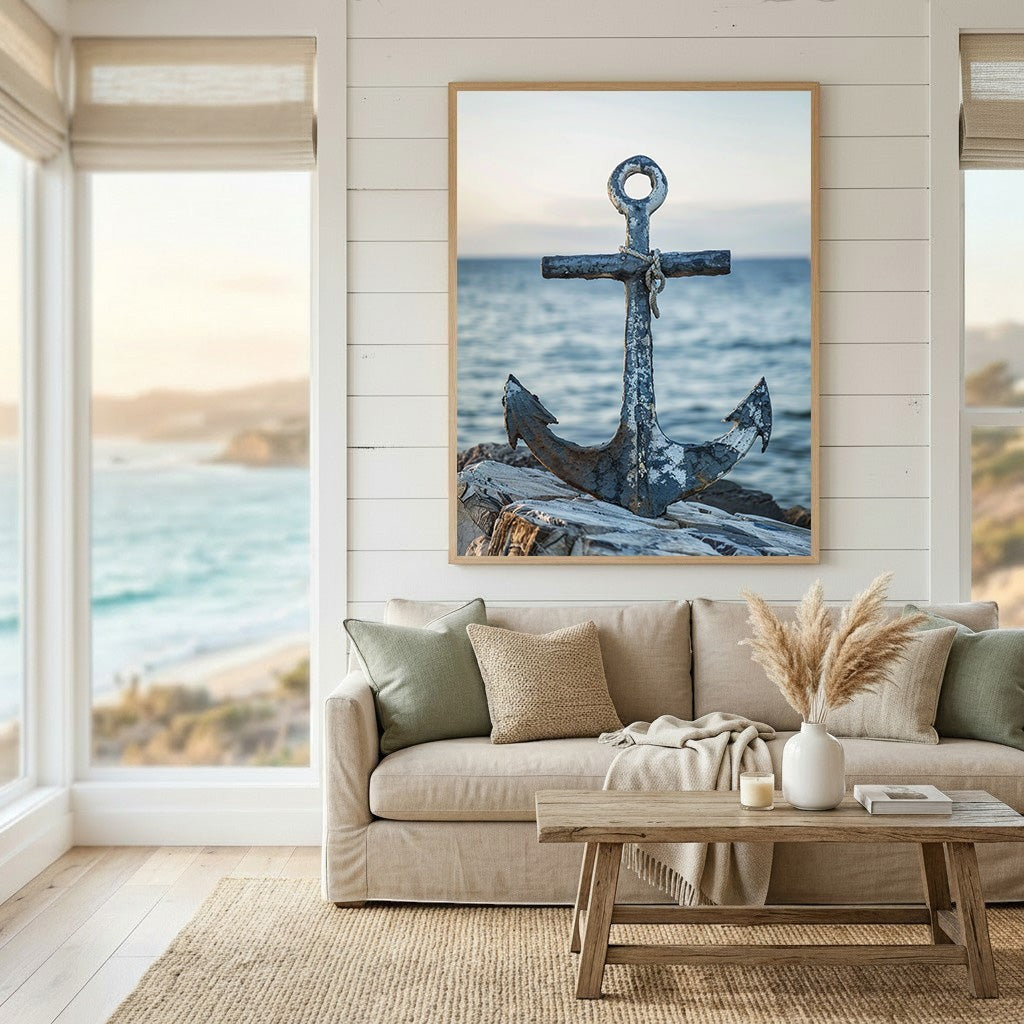 Wadi Home coastal anchor wall art print featuring a rustic metal anchor on a beach, displayed in a modern living room.