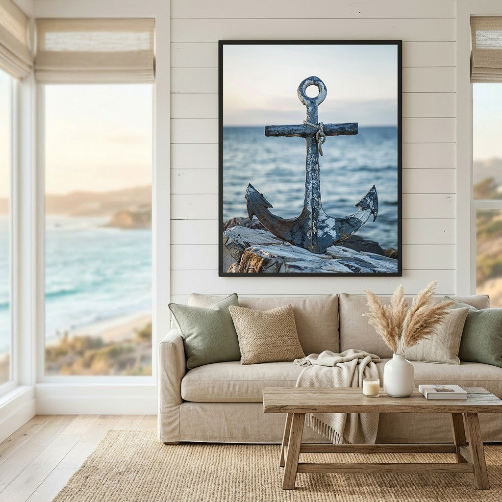 Wadi Home coastal anchor wall art print featuring a rustic metal anchor on a rocky shore in a bright living room.