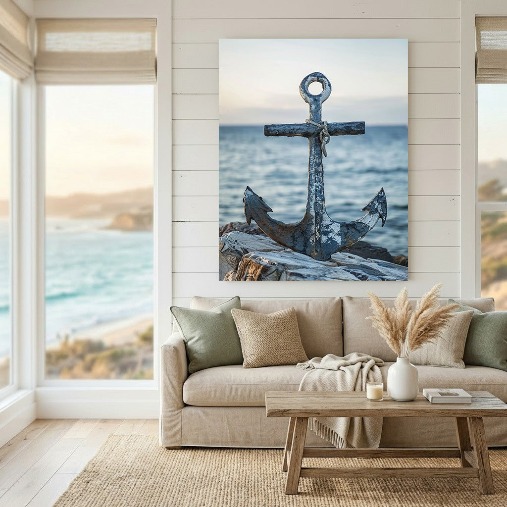 Wadi Home coastal anchor wall art print featuring a rustic metal anchor on a rocky shore above a beige living room sofa