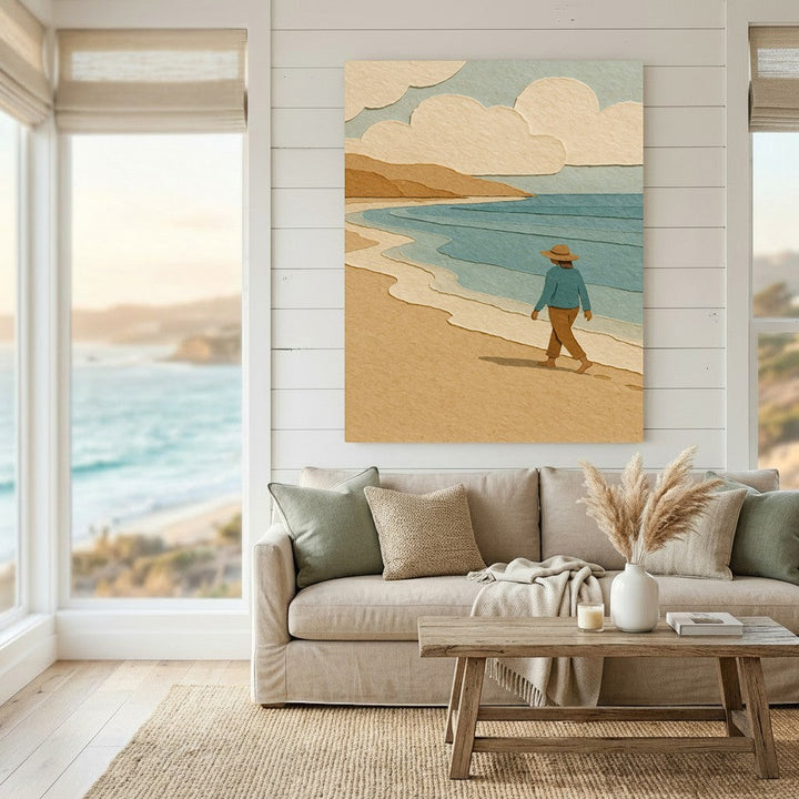 Wadi Home Coastal Beach Stroll framed wall art featuring a minimalist textured seaside scene above a beige sofa.
