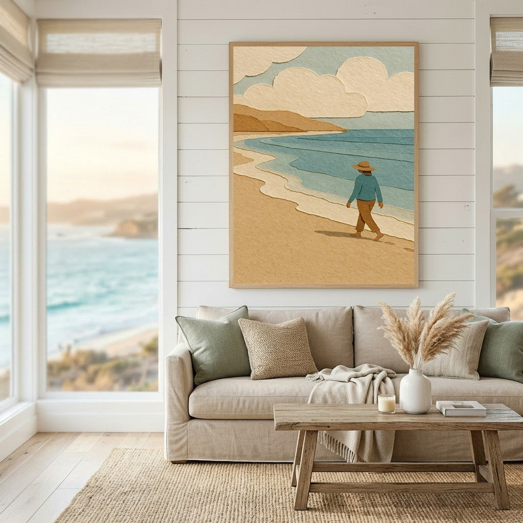Wadi Home framed coastal beach stroll wall art with textured illustration of a person walking on sand in a living room
