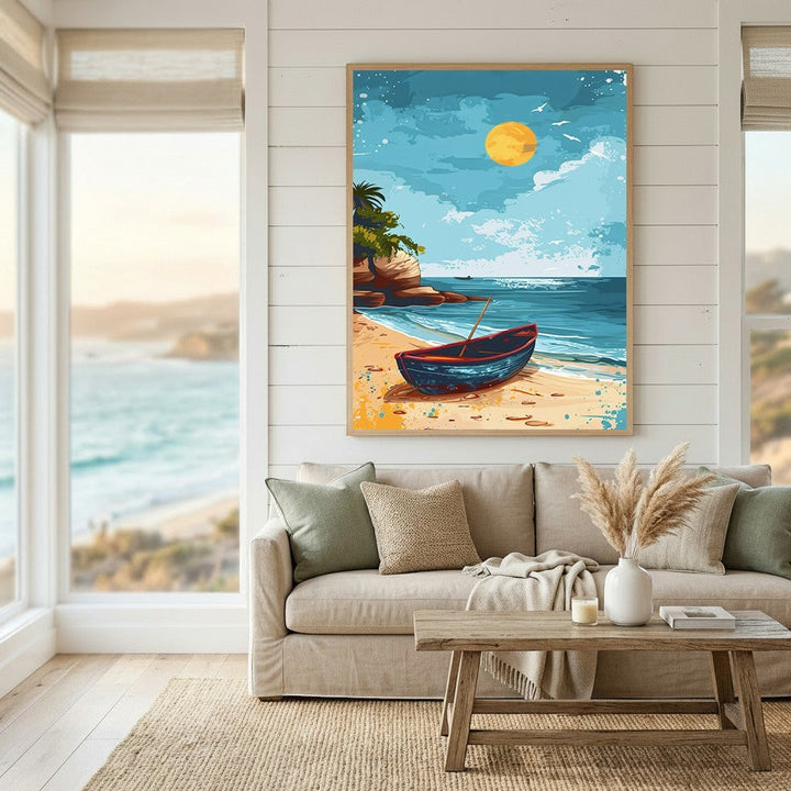 Wadi Home coastal beach scene wall art print featuring a boat on sand under a golden sun in a modern living room.