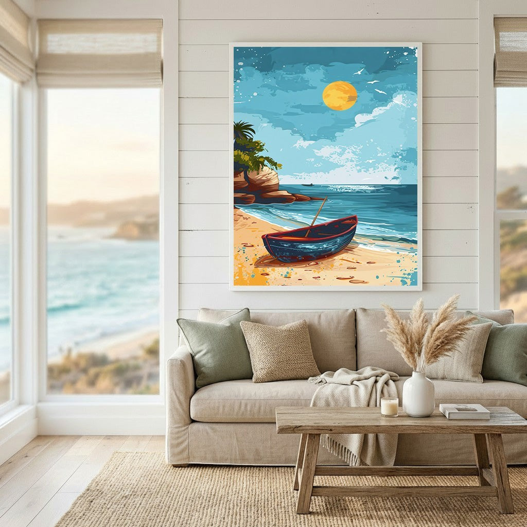 Wadi Home coastal beach scene wall art print featuring a stylized boat on sand with a golden sun in a living room.