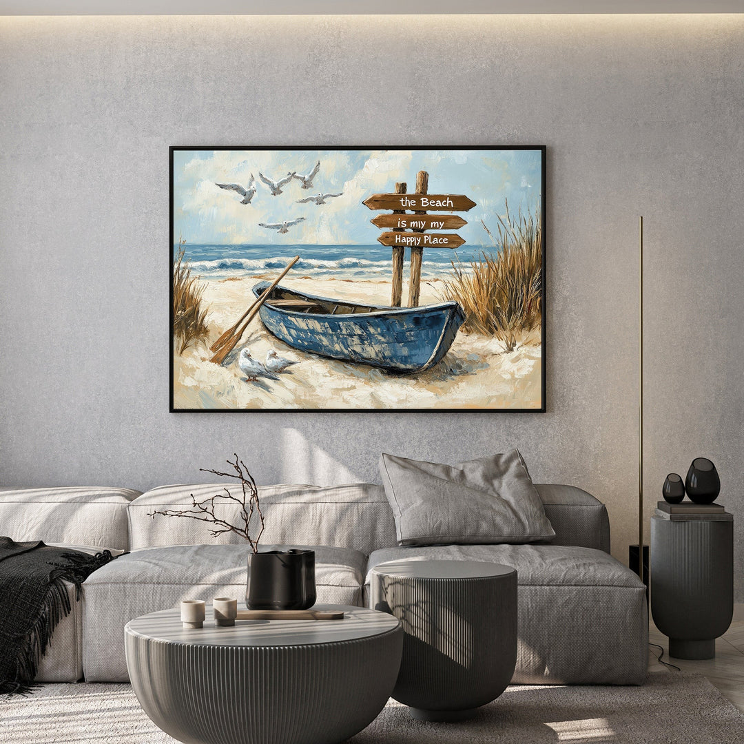 Wadi Home coastal beach wall art featuring a blue rowboat, seagulls, and a sign on a modern living room wall.
