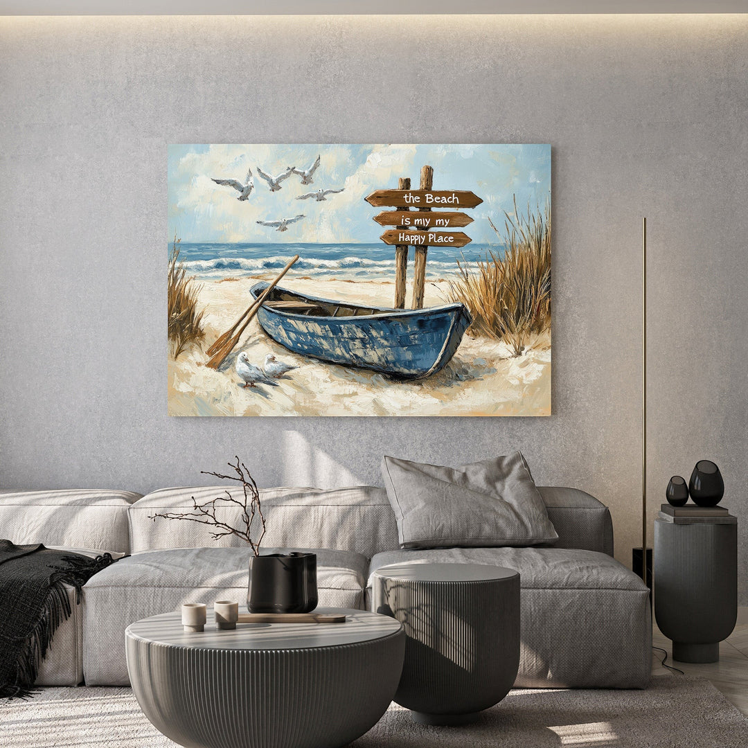 Wadi Home coastal beach wall art featuring a blue rowboat, wooden signpost, and seagulls in a modern living room