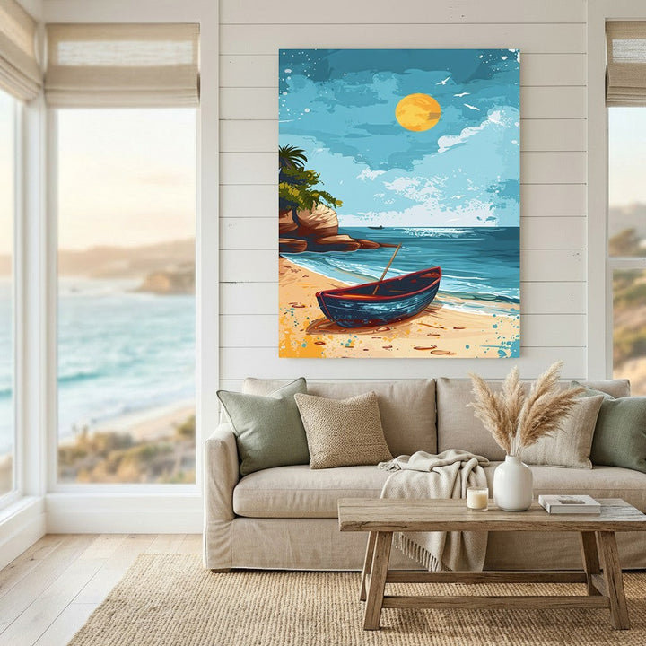 Wadi Home coastal beach scene wall art featuring a stylized boat on sand under a golden sun in a modern living room