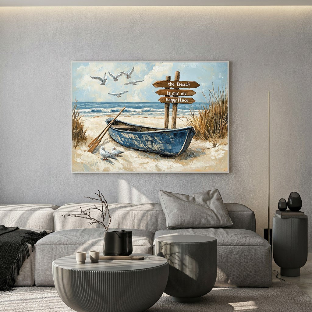 Wadi Home coastal beach wall art featuring a blue rowboat, seagull flock, and signpost in a modern living room.