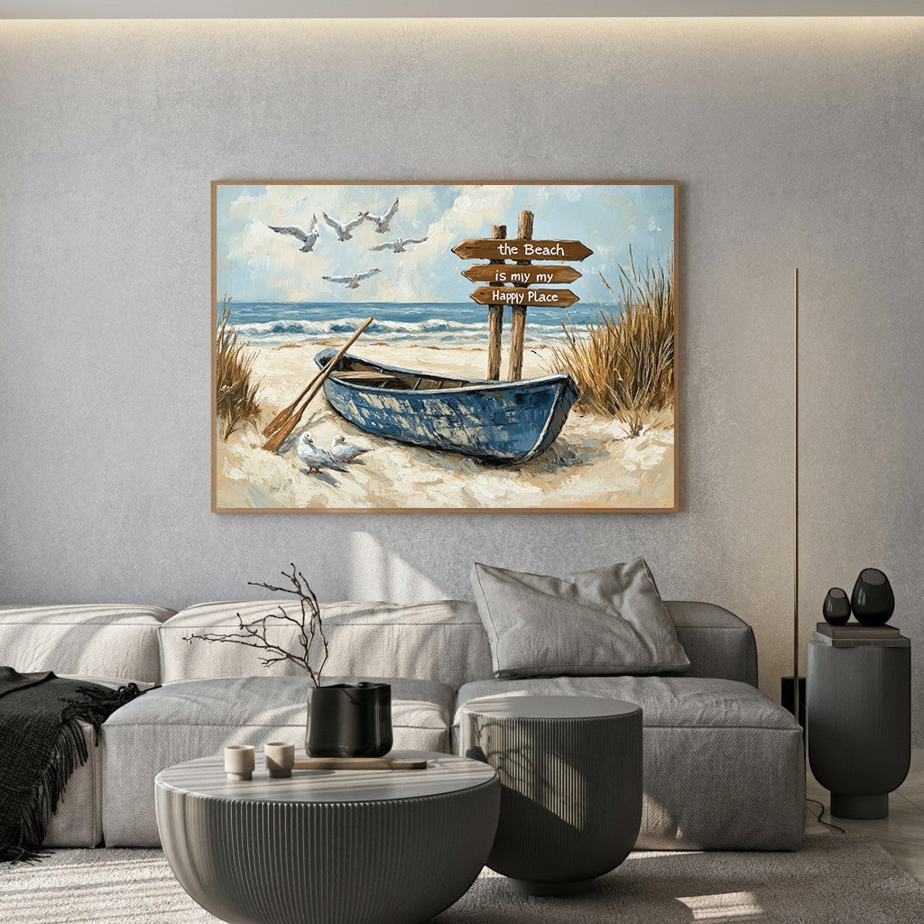 Wadi Home coastal beach wall art featuring a blue rowboat, seagulls, and a sign on a sandy shore in a modern living room.