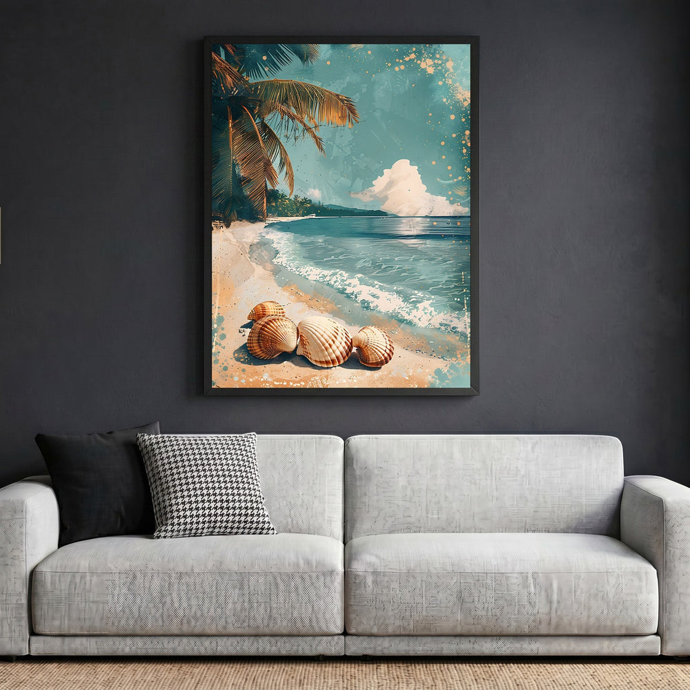 Wadi Home coastal beach scene framed wall art featuring seashells, palm trees, and turquoise tide above a grey sofa.