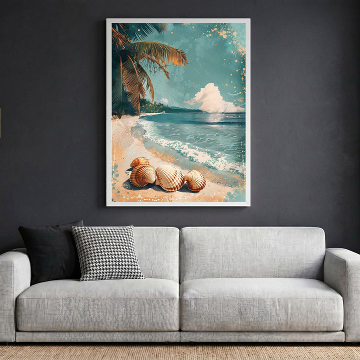 Wadi Home coastal beach scene framed wall art featuring seashells, palm trees, and turquoise tide on a dark wall.