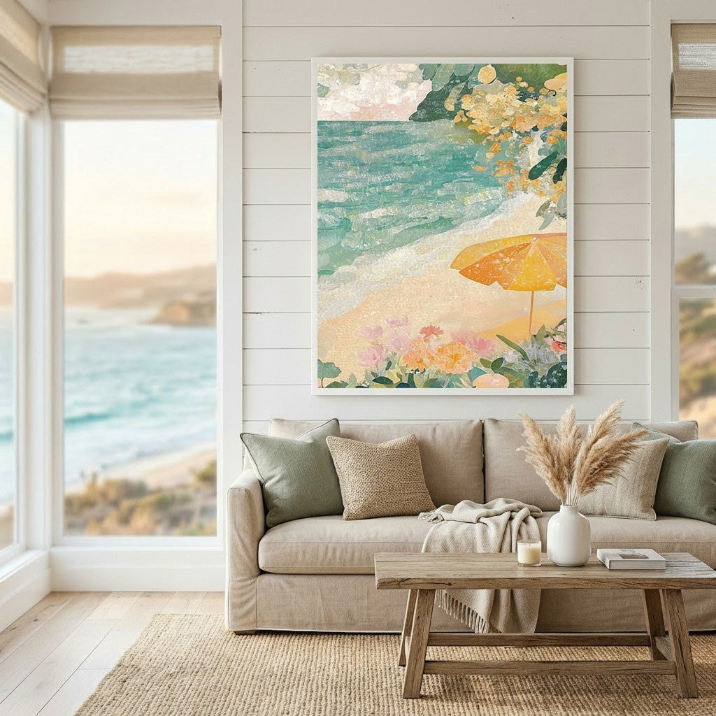 Wadi Home coastal beach scene framed wall art with turquoise ocean and yellow umbrella above a neutral living room sofa