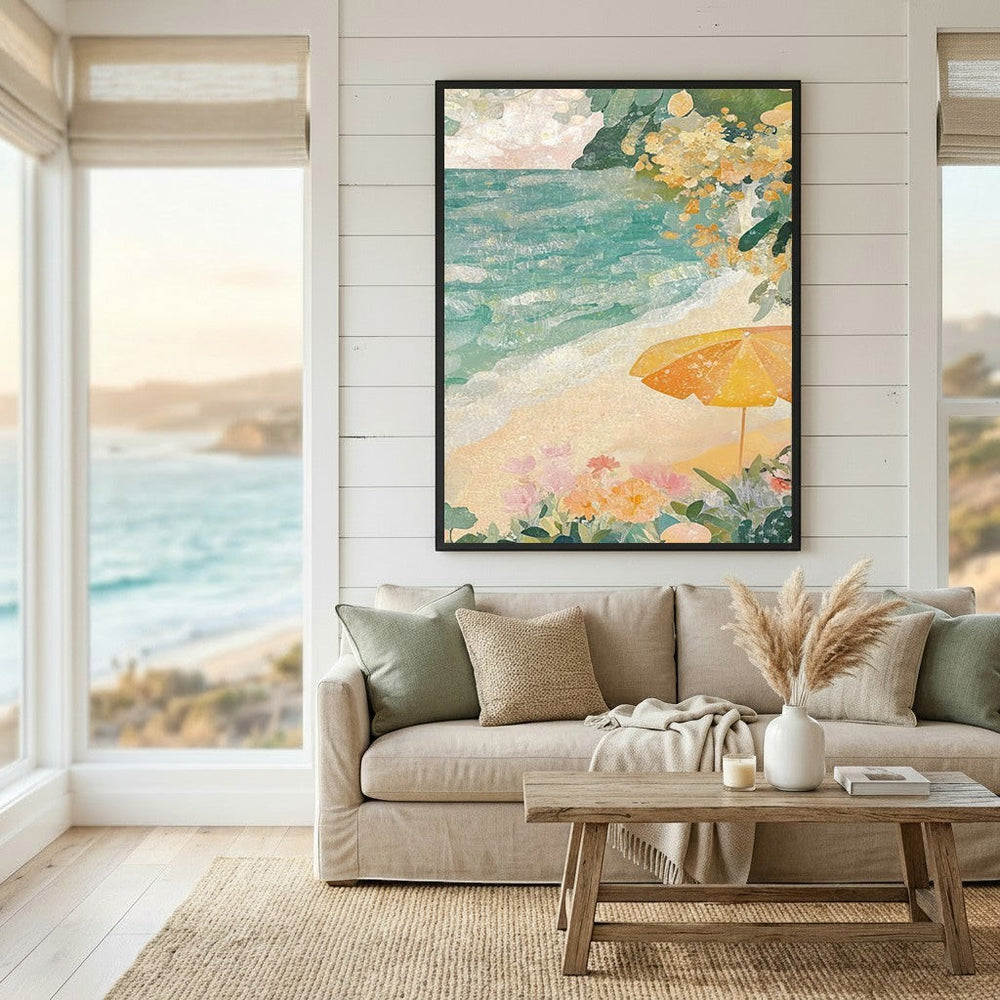 Wadi Home coastal beach scene framed wall art with turquoise ocean and yellow umbrella above a neutral living room sofa