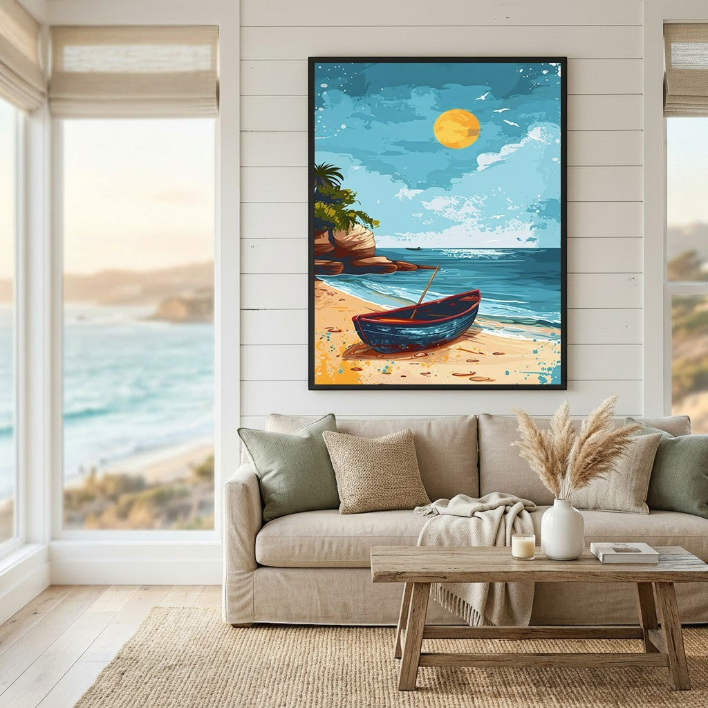 Wadi Home coastal beach scene framed wall art featuring a boat on sand with a golden sun, displayed in a living room.