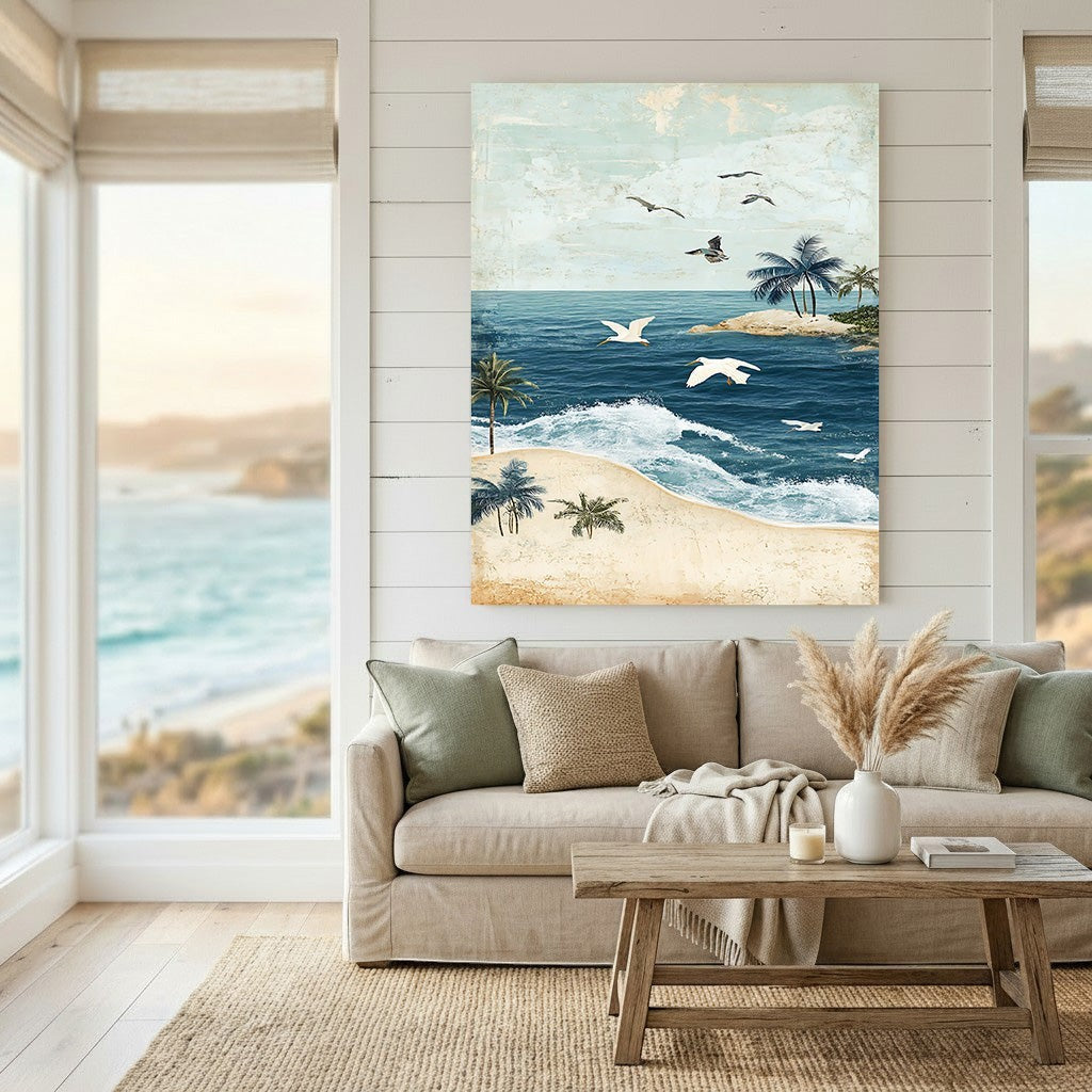 Wadi Home coastal tropical beach landscape wall art print featuring blue ocean waves, palm trees, and birds in a living room