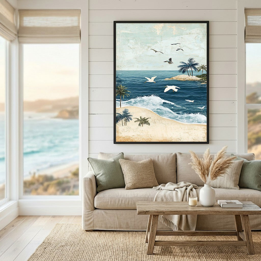 Wadi Home coastal tropical beach landscape wall art print featuring blue ocean waves and palm trees in a living room.