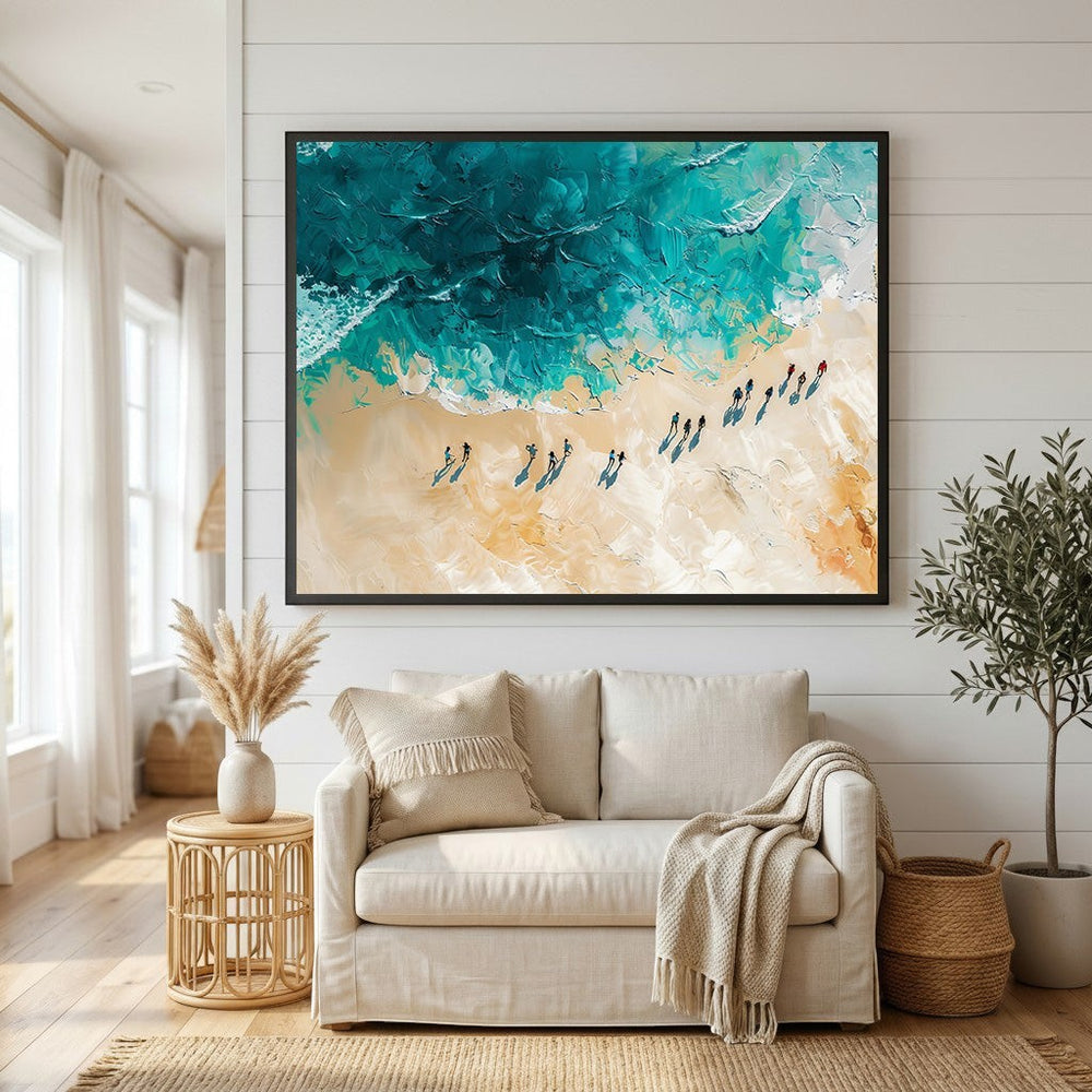 Wadi Home coastal beach oil painting with textured teal ocean and sandy beige tones hanging above a neutral sofa.
