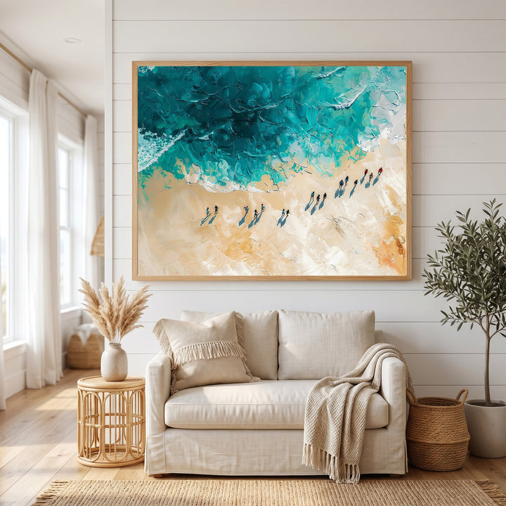Wadi Home coastal beach landscape oil painting with textured impasto teal and beige brushstrokes in a wooden frame.