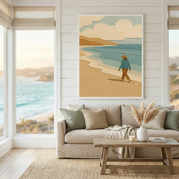 Wadi Home framed wall art featuring a minimalist beach stroll illustration in sandy beige and muted blue tones.