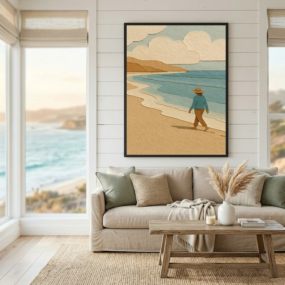 Wadi Home Coastal Beach Stroll framed wall art featuring a minimalist seaside illustration above a neutral living room sofa.