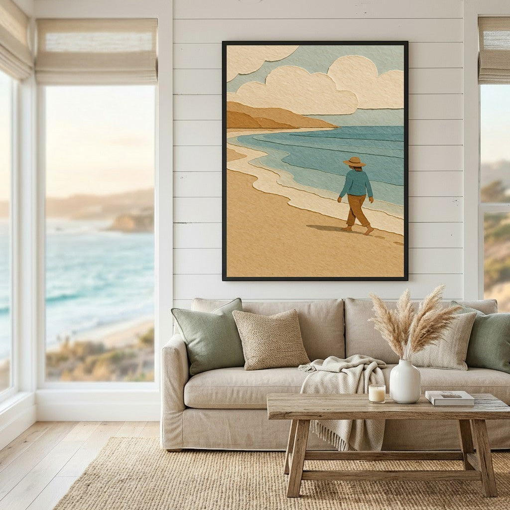 Wadi Home Coastal Beach Stroll framed wall art featuring a minimalist seaside illustration above a neutral living room sofa.