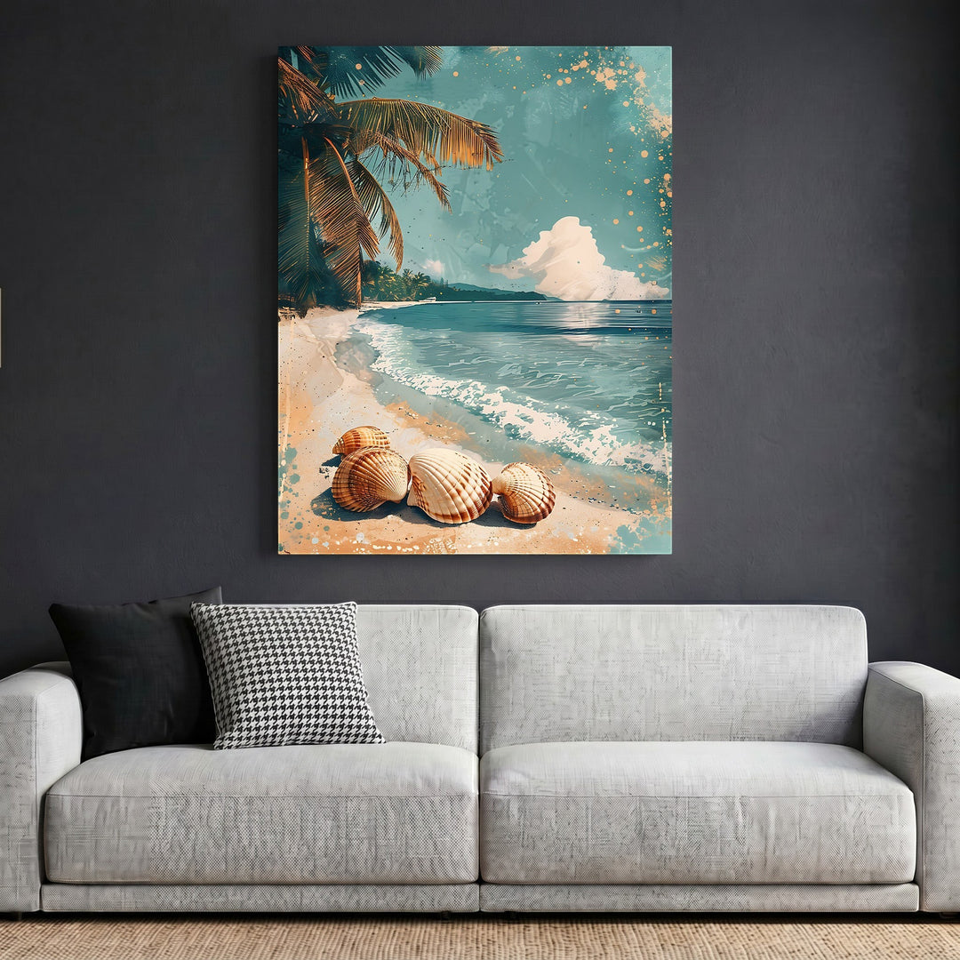 Wadi Home coastal beach scene wall art print featuring seashells and palm trees hanging above a modern grey sofa.