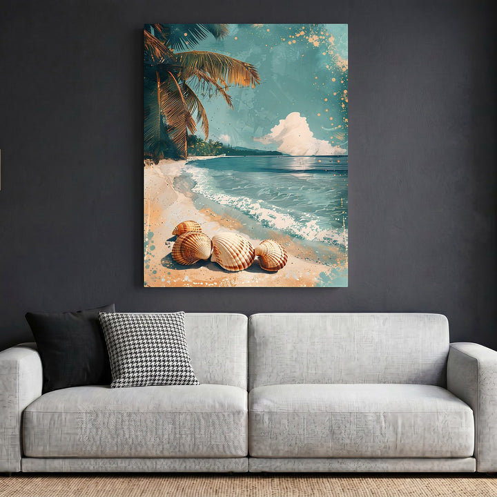 Wadi Home coastal beach scene wall art print featuring seashells and palm trees hanging above a modern grey sofa.
