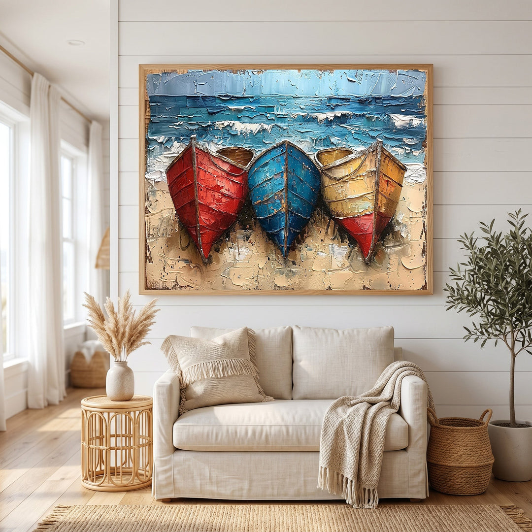 Wadi Home textured coastal boat canvas art featuring red, blue, and yellow boats on a sandy beach above a white sofa.