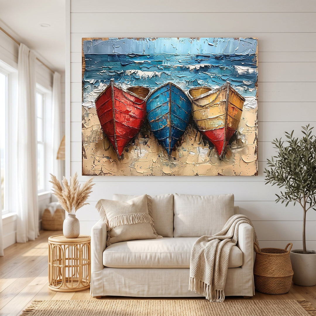 Wadi Home textured coastal canvas art featuring red, blue, and yellow boats on a sandy beach above a beige sofa.