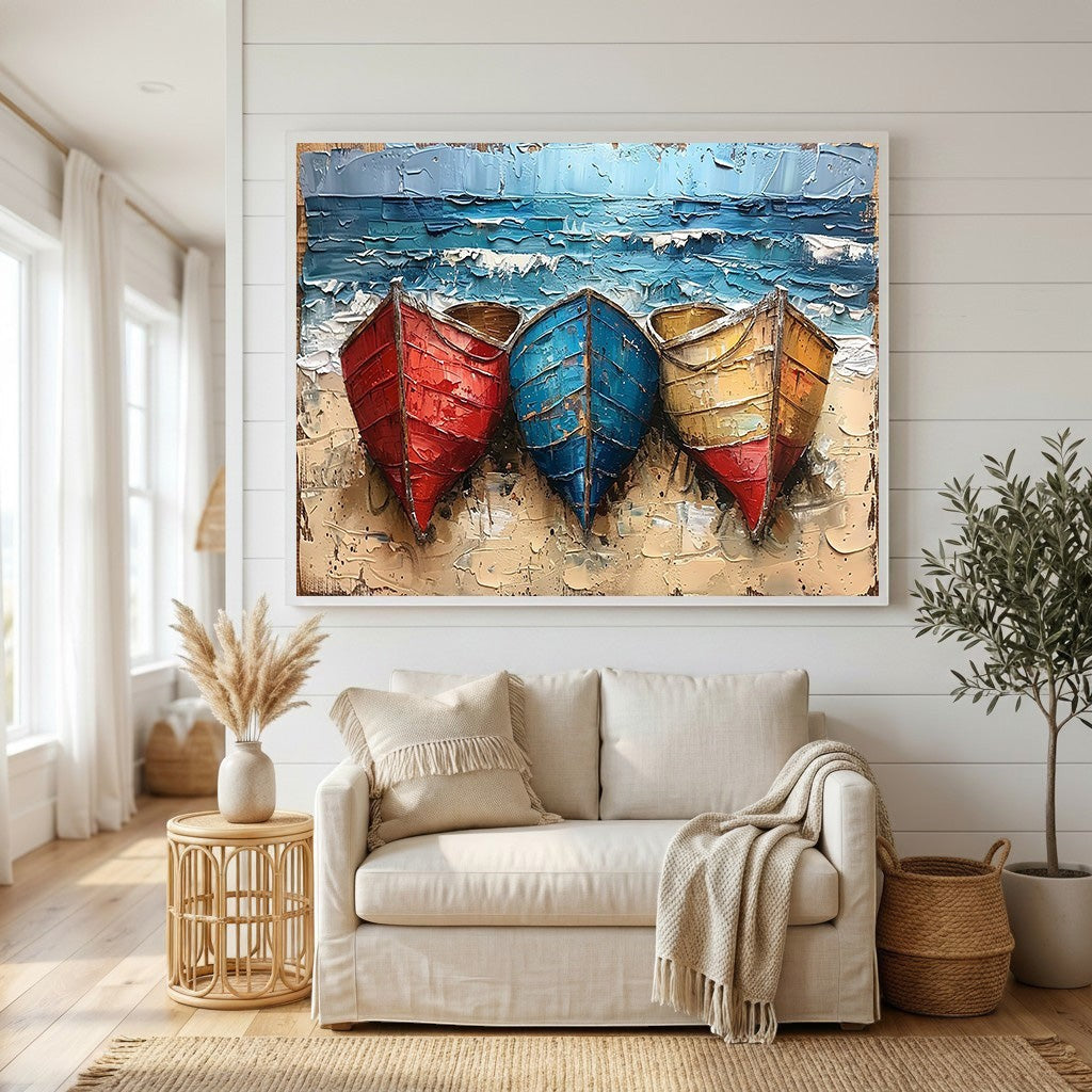 Wadi Home textured coastal boat canvas art featuring red, blue, and yellow boats on a sandy beach above a sofa.