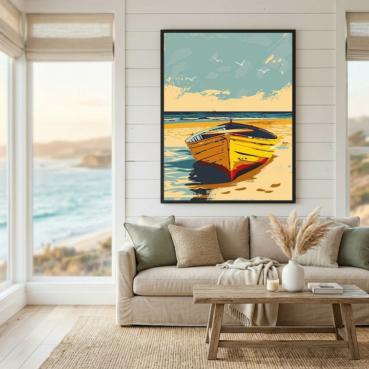 Wadi Home coastal boat scene framed wall art featuring a yellow boat on golden sand, displayed in a modern living room.