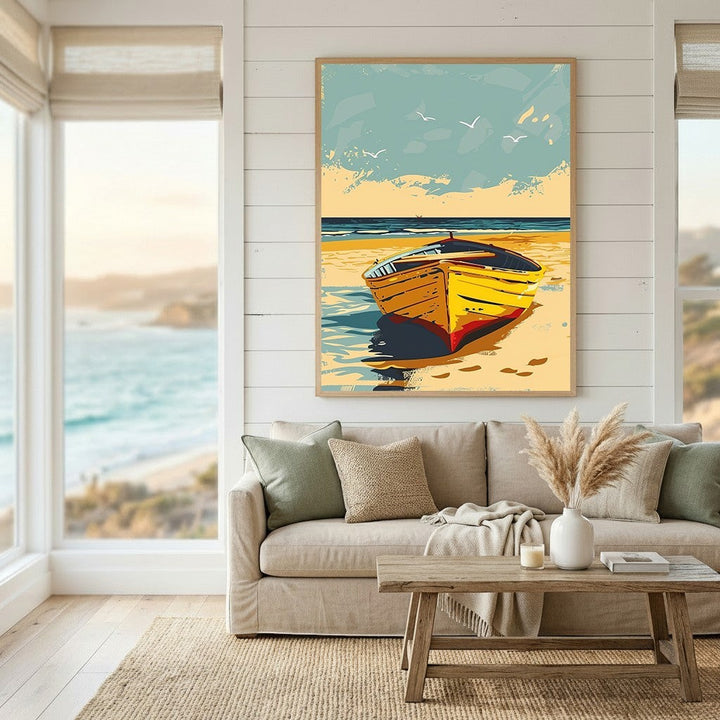 Wadi Home coastal boat scene framed wall art featuring a yellow boat on golden sand in a modern living room setting.