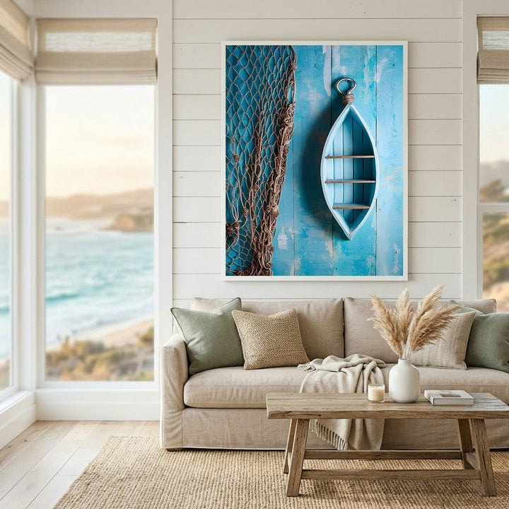 Wadi Home coastal nautical boat wall art with blue weathered wood, fishing net, and shelf above a beige living room sofa.