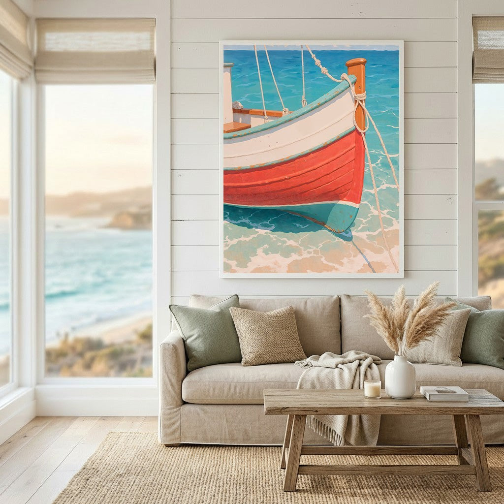 Wadi Home coastal boat wall art print featuring a red and white wooden boat on turquoise water in a bright living room