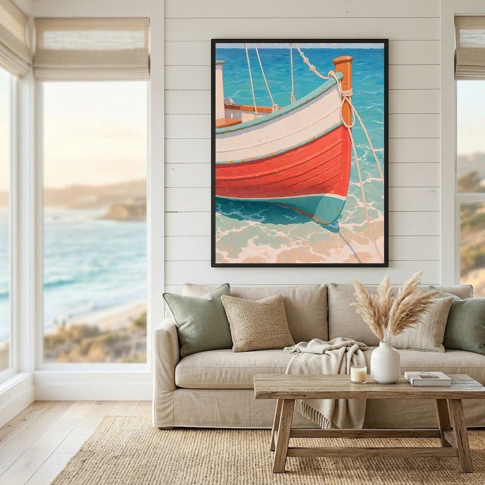 Wadi Home coastal boat wall art print featuring a red and white wooden boat in turquoise water above a neutral sofa.