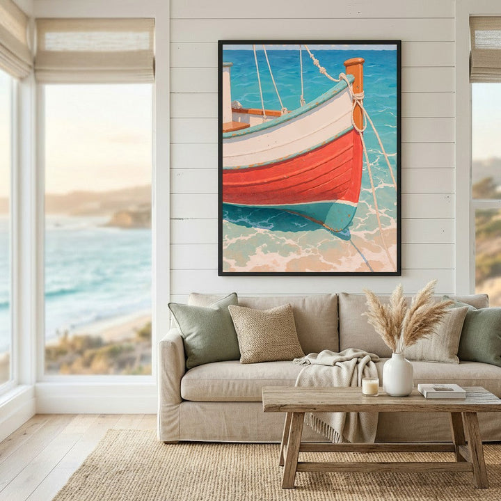 Wadi Home coastal boat wall art print featuring a red and white wooden boat in turquoise water above a neutral sofa.