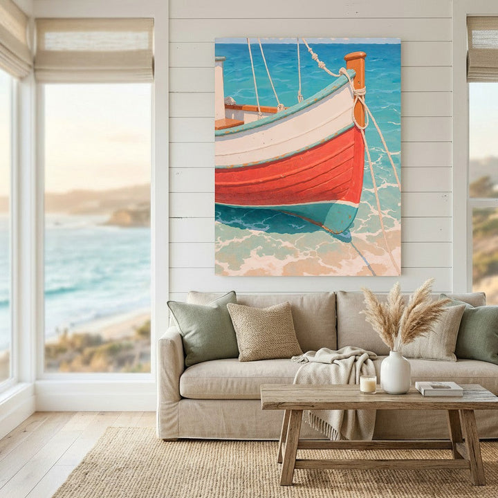 Wadi Home coastal boat wall art print featuring a red and white wooden boat on turquoise water above a beige sofa.