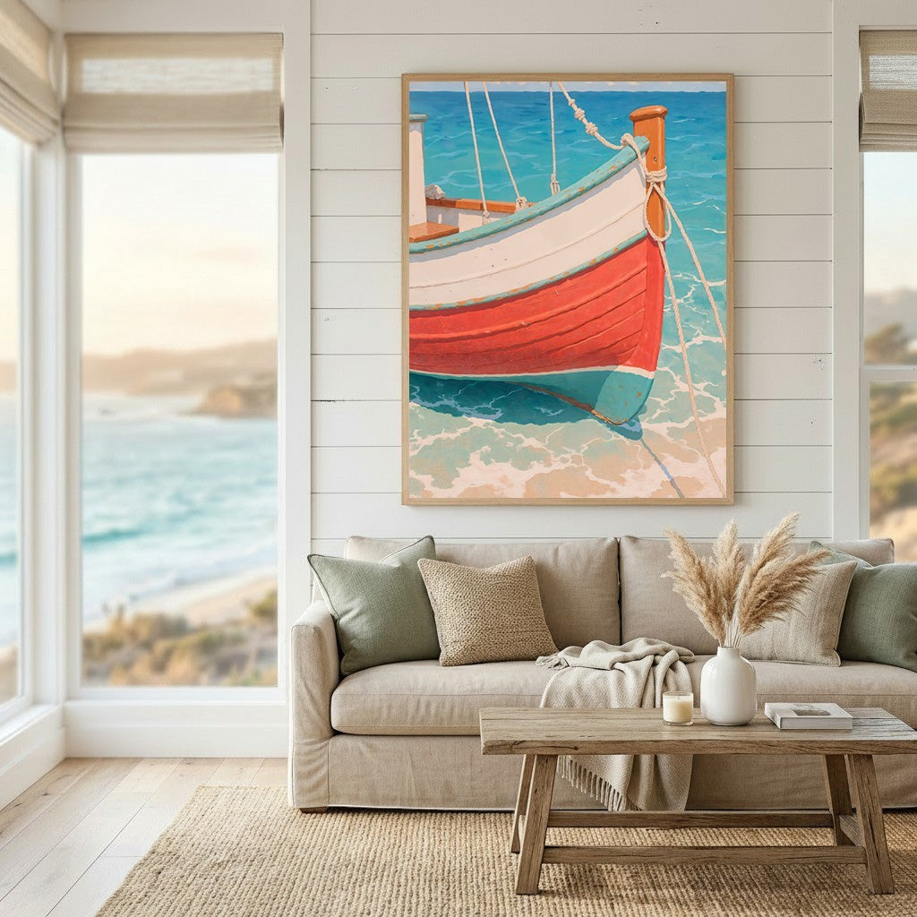 Wadi Home coastal boat wall art print featuring a red and white boat on turquoise water, displayed in a living room.