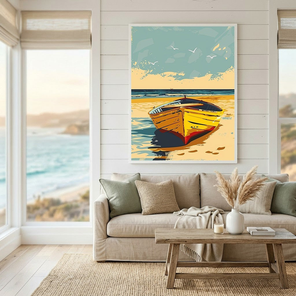 Wadi Home coastal boat scene framed wall art print featuring a yellow boat on a beach, displayed above a sofa.