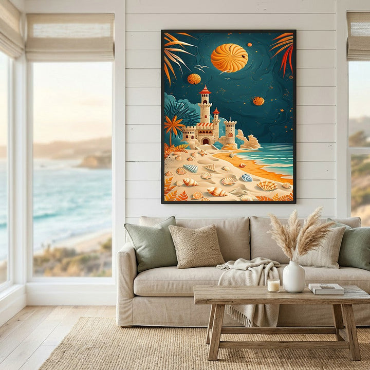 Wadi Home coastal castle wall art print featuring a sandcastle, seashells, and tropical foliage in a living room.