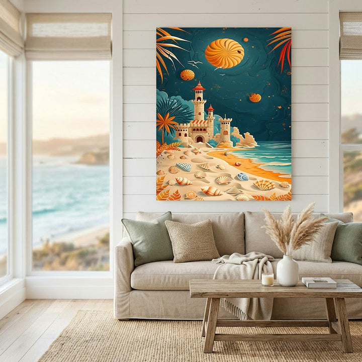 Wadi Home coastal castle wall art print featuring a sandcastle, seashells, and tropical foliage in a living room.