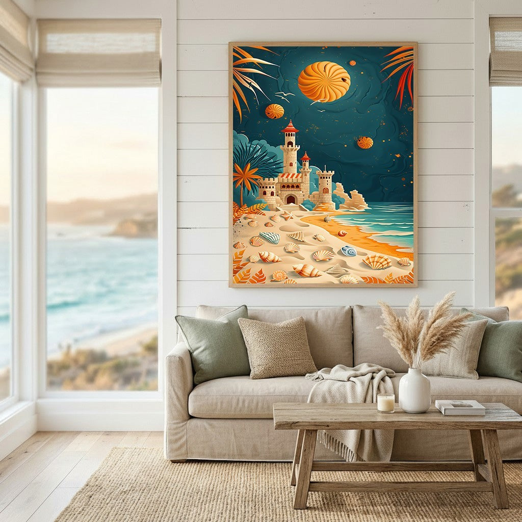 Wadi Home whimsical coastal castle wall art print featuring a sandcastle, seashells, and deep blue sky in a living room