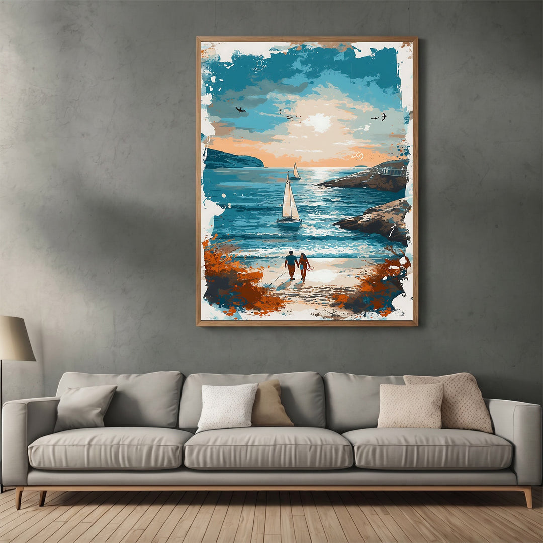 Wadi Home coastal couple sunset beach wall art print featuring a painterly ocean scene in blue and orange tones.