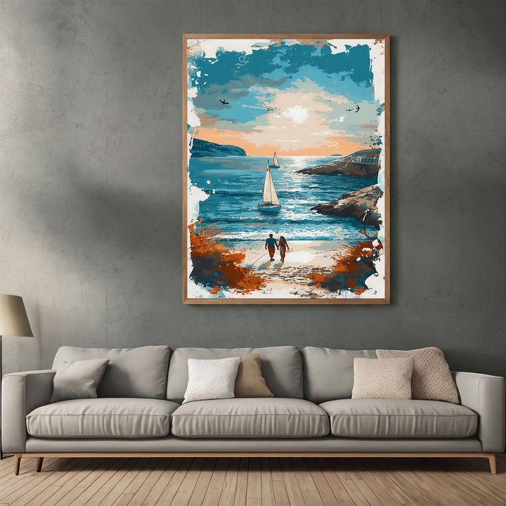 Wadi Home coastal couple sunset beach wall art print featuring a painterly ocean scene in blue and orange tones.