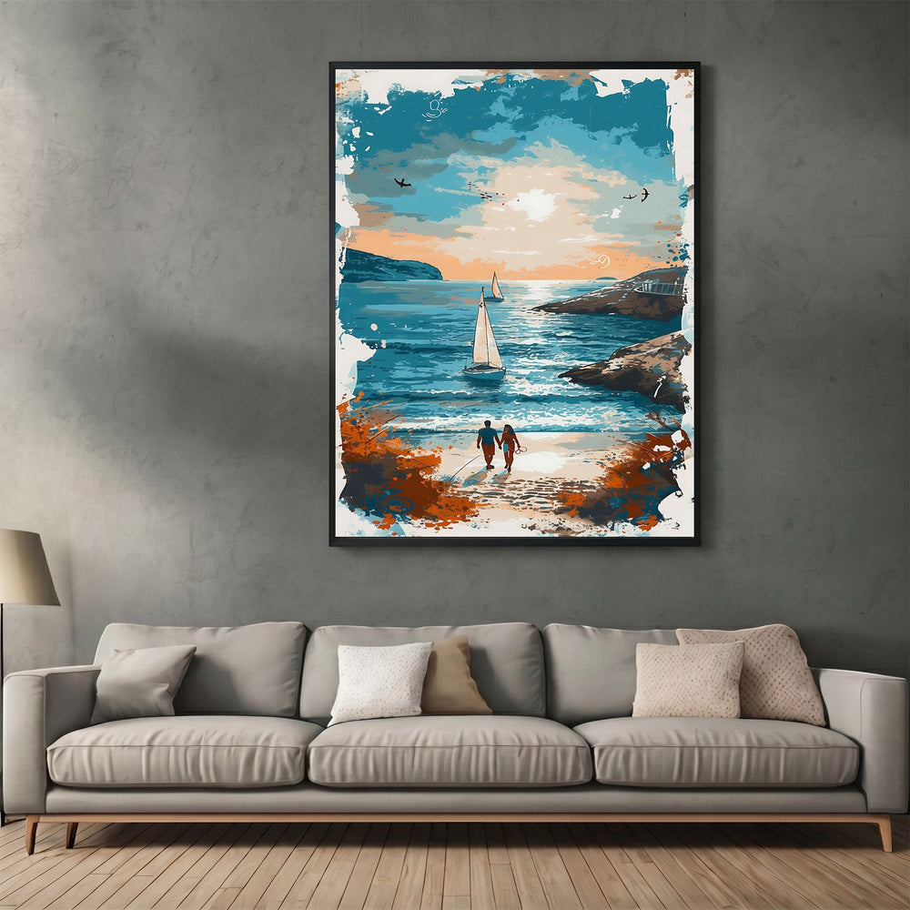 Wadi Home coastal couple sunset beach wall art print featuring a painterly ocean scene above a modern grey sofa.