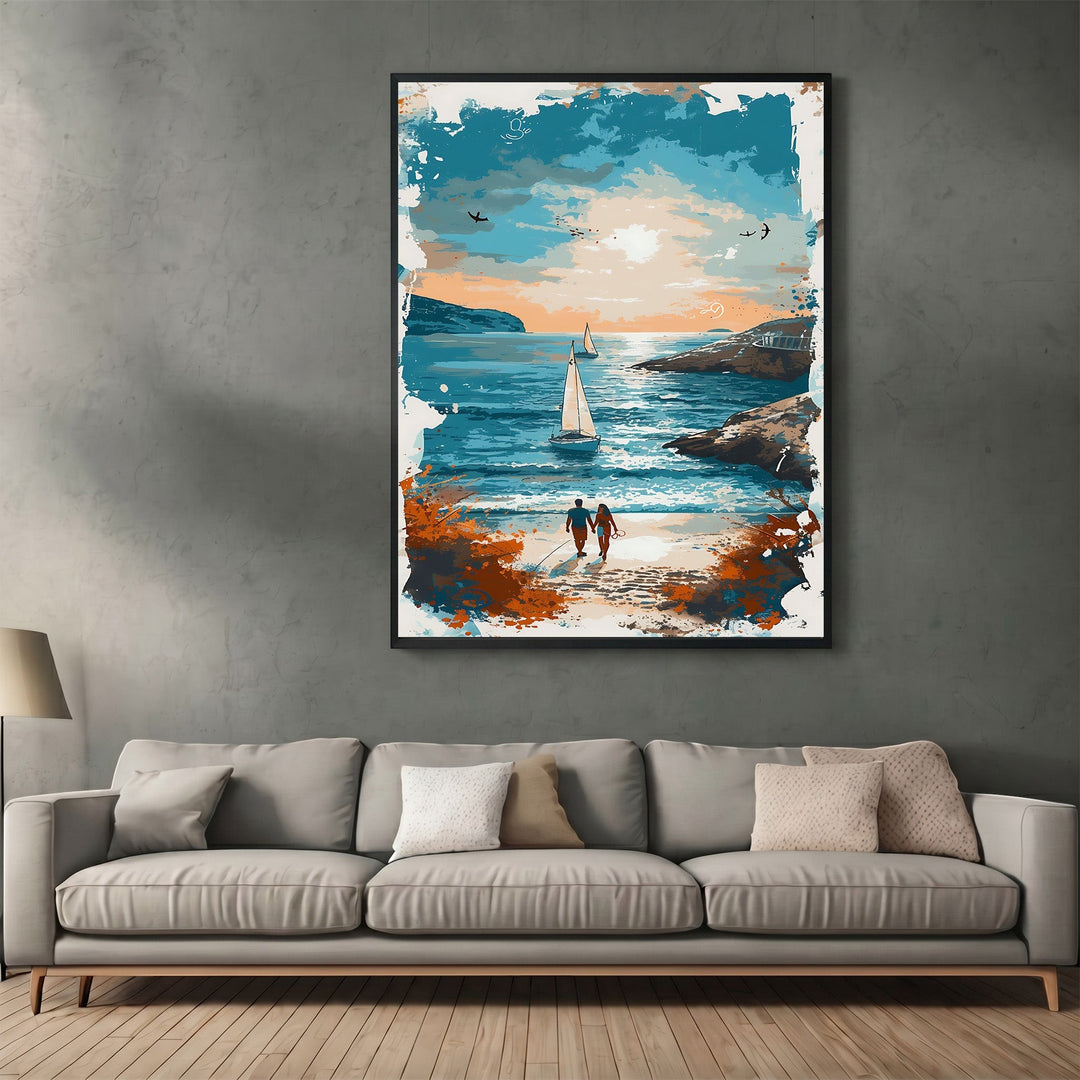 Wadi Home coastal couple sunset beach wall art print featuring a painterly ocean scene above a modern grey sofa.