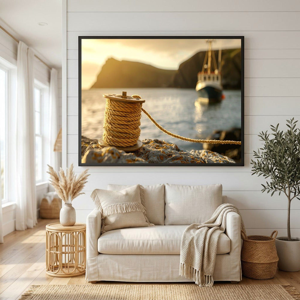 Wadi Home coastal harbor scene framed wall art print featuring a golden hour boat and rope spool above a beige sofa.