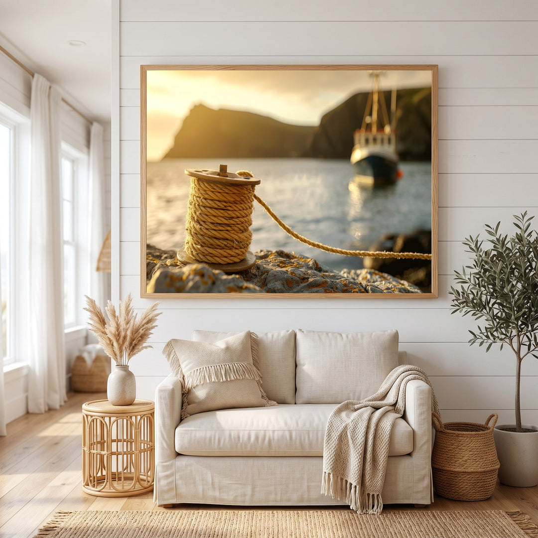Wadi Home coastal harbor framed wall art featuring a golden hour boat scene above a beige sofa in a modern living room.