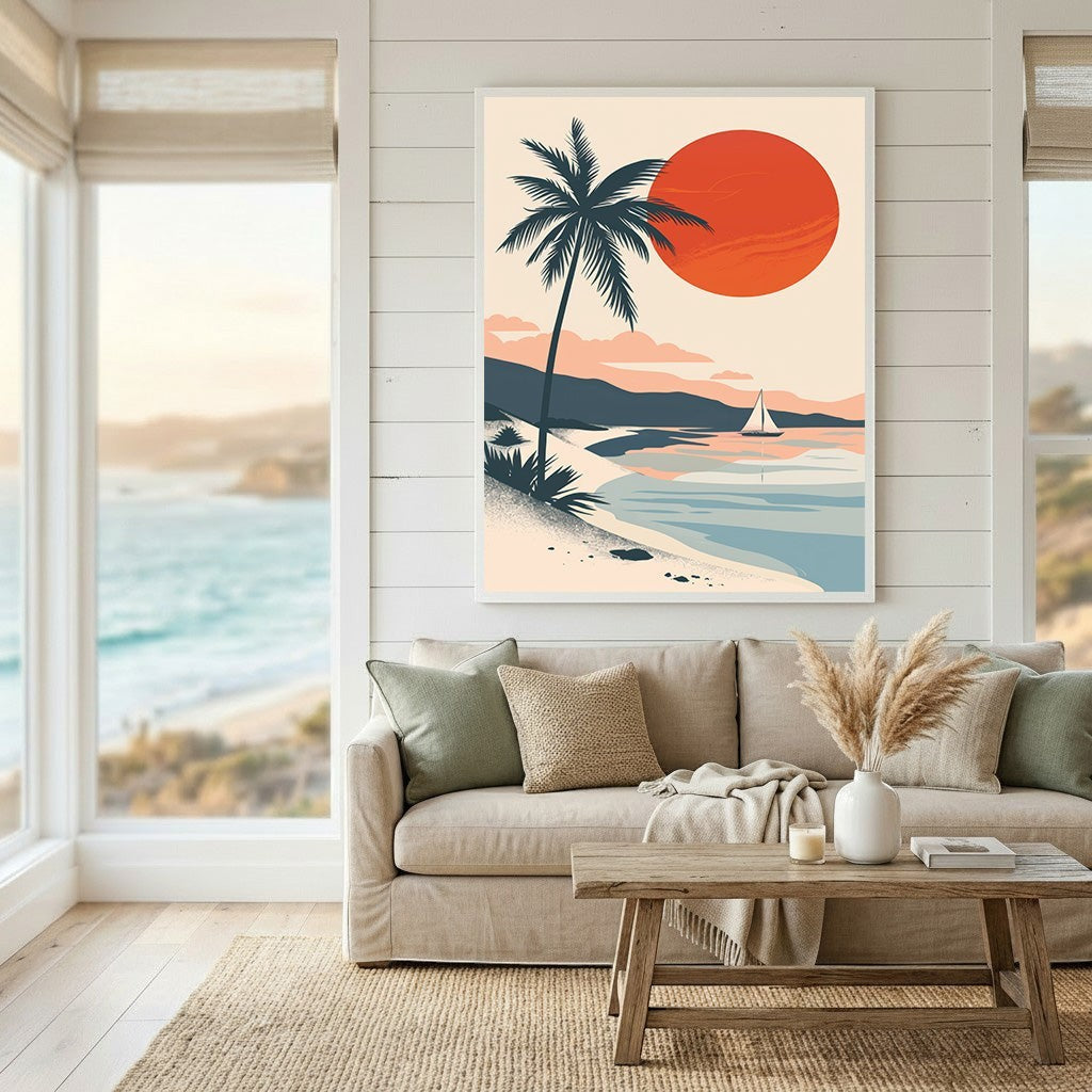 Wadi Home tropical coastal landscape wall art print featuring a sunset, palm tree, and sailboat in a living room.