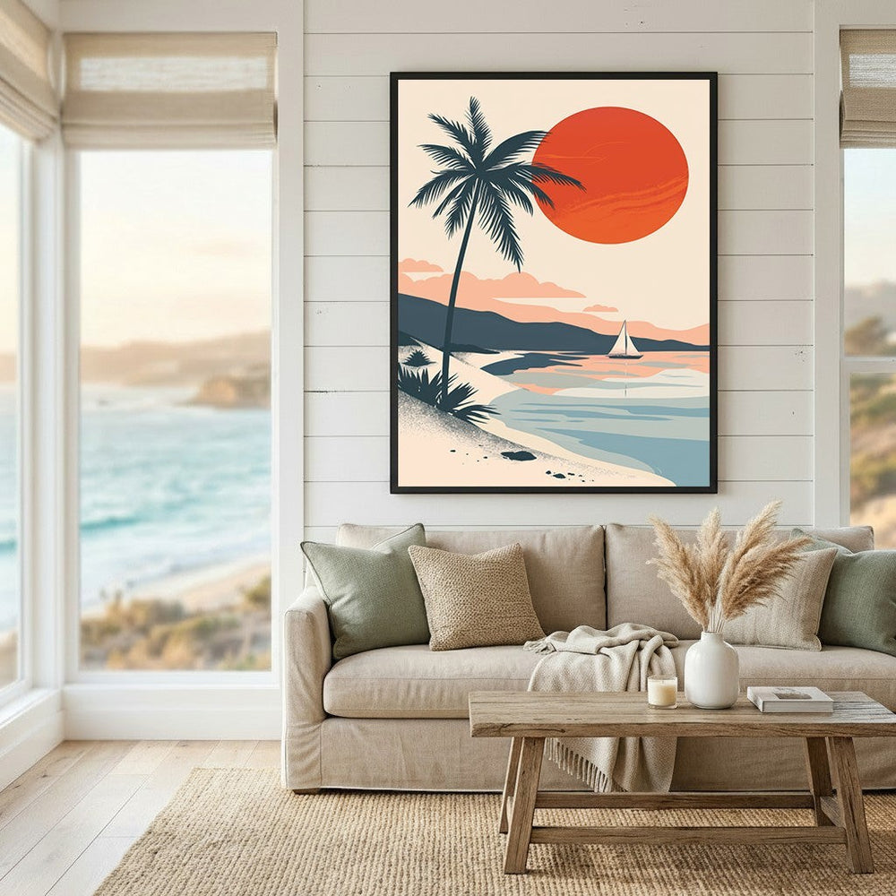 Wadi Home minimalist tropical coastal landscape wall art print featuring a sunset, palm tree, and sailboat in a living room.